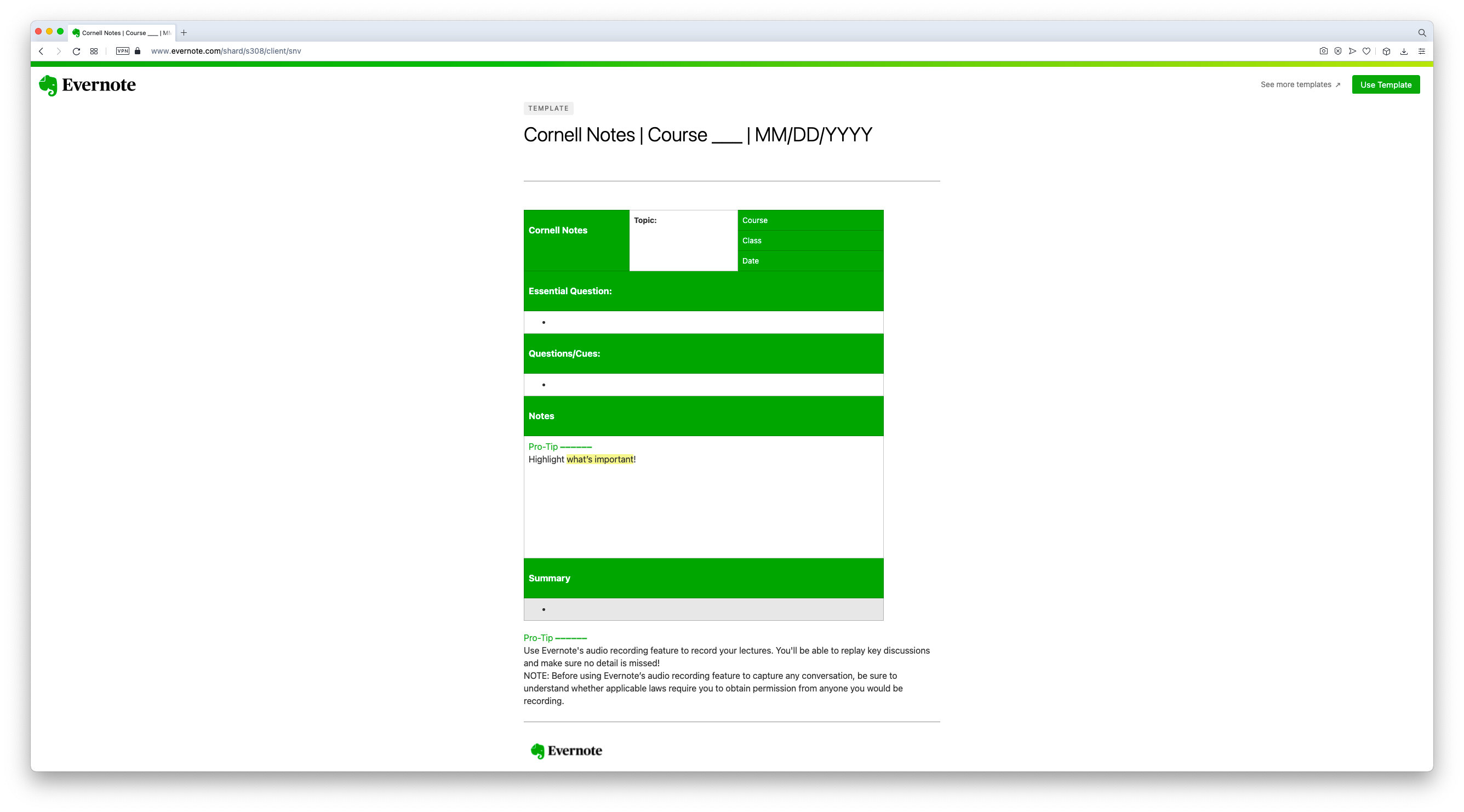 cornell notes template evernote web
